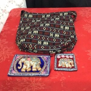 Elephants Bundle of 3 - ClothTote Bag & Sequined Makeup Clutch & Coin Purse.